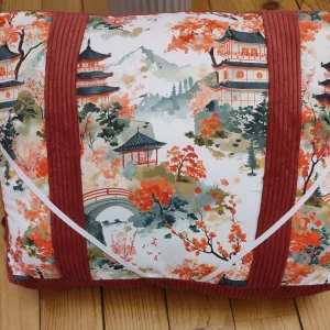 Coussin de lecture Rêve Kyoto, tissus mtif japonais et tissus côtelé brique